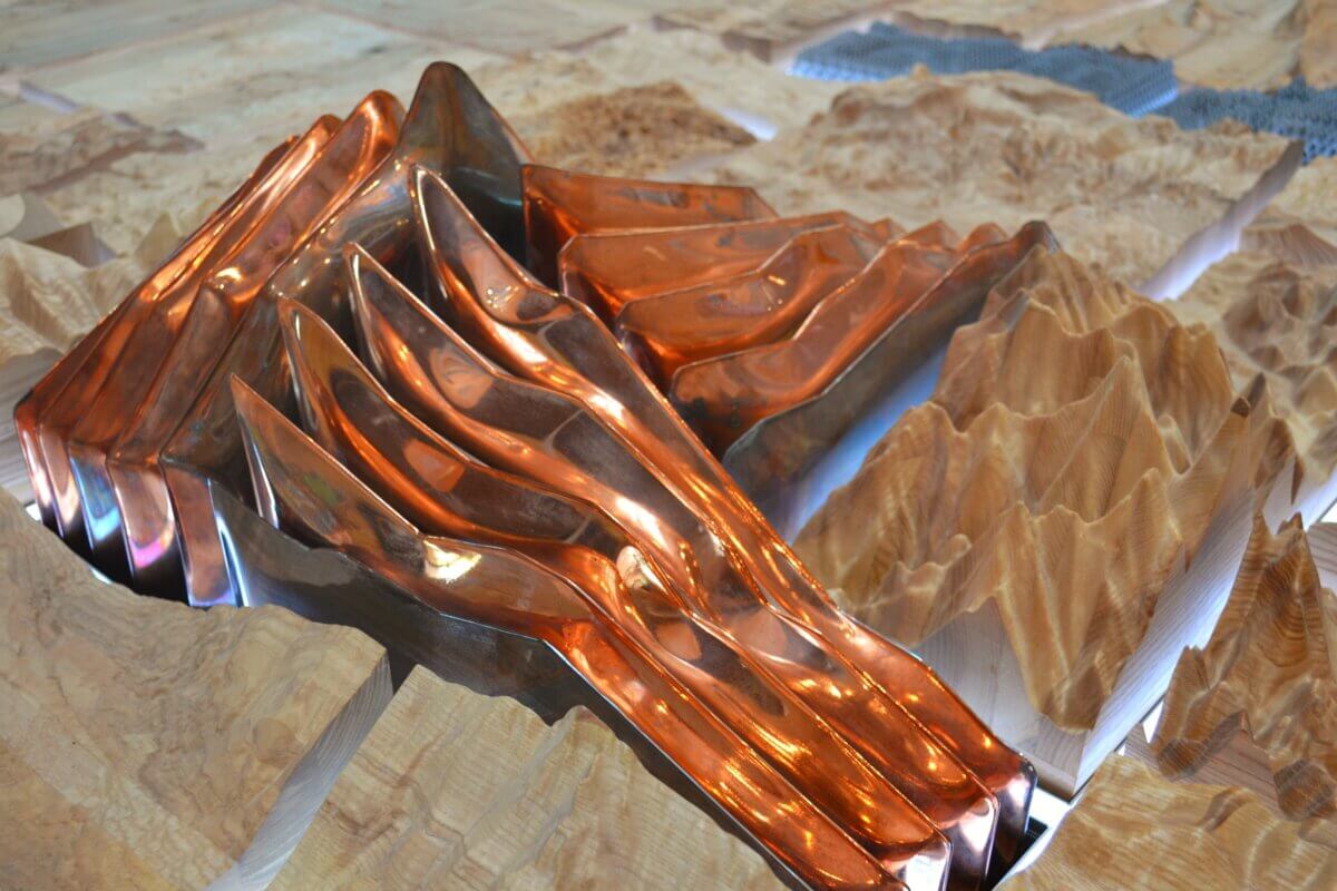 Polish Pavilion at World Expo 2020 copper modules interactive installation by sounds with LED structure