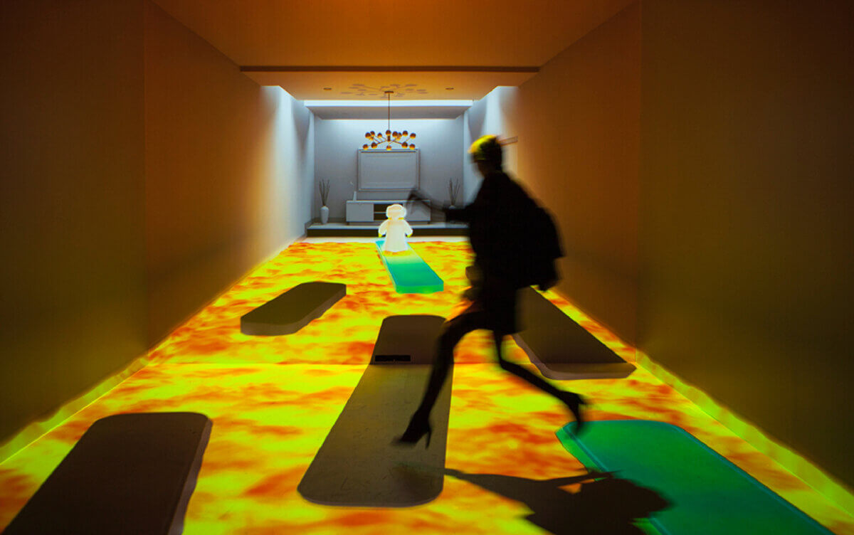 Our future life with intelligent machines Museum of the Future Dubai visitor jumps in Play Room interactive AI virtual reality experience
